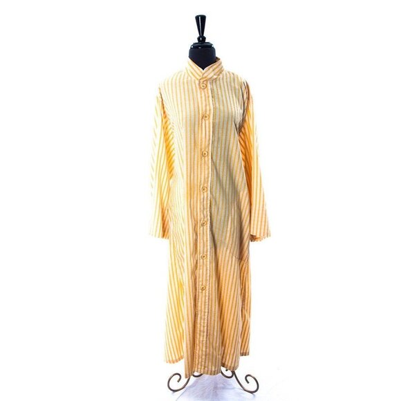 Vgt 1970 100% Cotton Kaftan Tunic Nehru Collar White Yellow Button Down Front - Picture 1 of 10